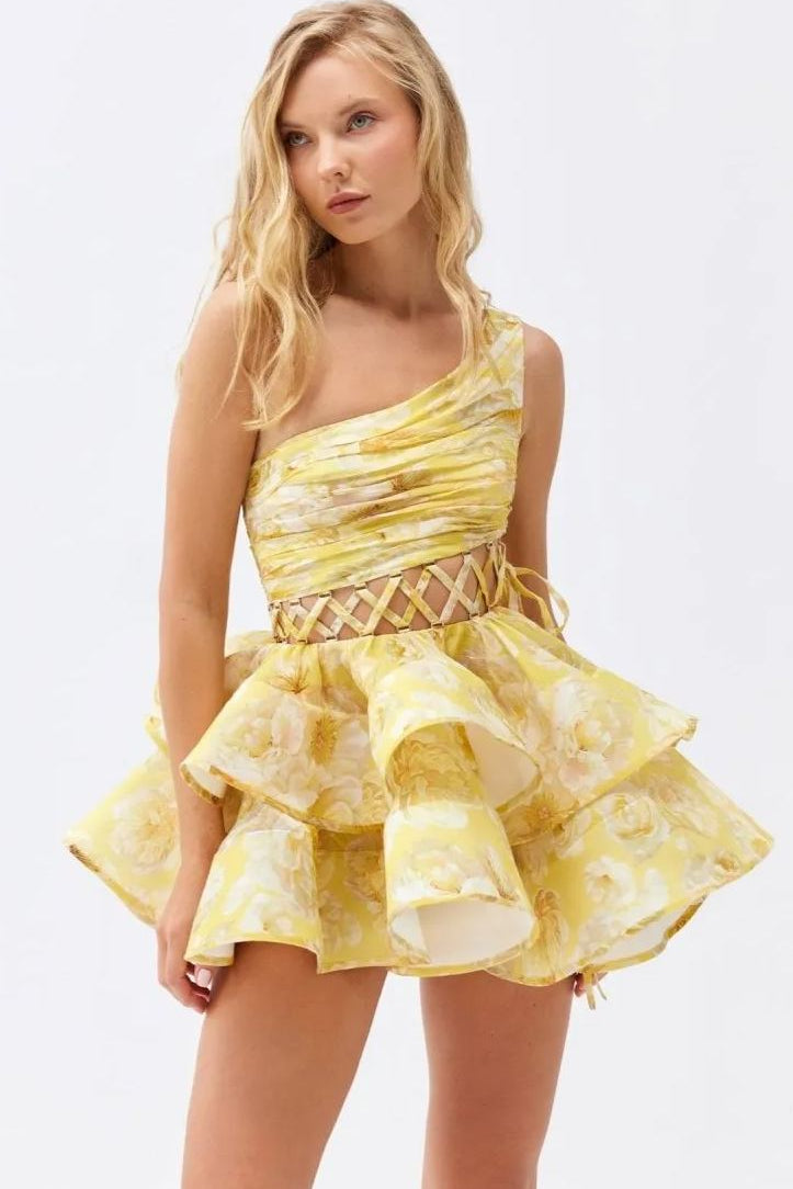 Andrea Floral Printed One-shoulder Mini Chiffon Dress