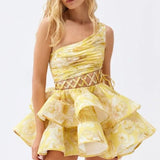Andrea Floral Printed One-shoulder Mini Chiffon Dress