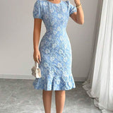 Flattering Slim Fit Flower Textured Puff Sleeves Bodycon Midi Dress