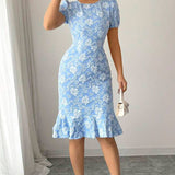 Flattering Slim Fit Flower Textured Puff Sleeves Bodycon Midi Dress