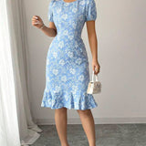 Flattering Slim Fit Flower Textured Puff Sleeves Bodycon Midi Dress