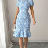 Flattering Slim Fit Flower Textured Puff Sleeves Bodycon Midi Dress