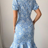 Flattering Slim Fit Flower Textured Puff Sleeves Bodycon Midi Dress