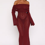Made It Out Long Sleeve Boucle Maxi Dress Burgundy