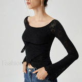 Jacquard Lace Semi-sheer Trendy Bowknot Crossover Blouse
