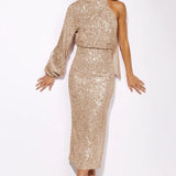 Judith Sequins Halterneck Asymmetry Midi Dress