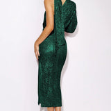 Judith Sequins Halterneck Asymmetry Midi Dress
