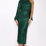 Judith Sequins Halterneck Asymmetry Midi Dress