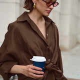 Khaki Cotton Linen Relaxed Long Sleeve Two Piece Set