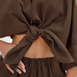 Khaki Cotton Linen Relaxed Long Sleeve Two Piece Set