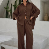Khaki Cotton Linen Relaxed Long Sleeve Two Piece Set