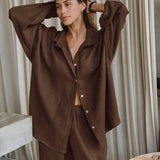 Khaki Cotton Linen Relaxed Long Sleeve Two Piece Set
