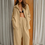 Khaki Cotton Linen Relaxed Long Sleeve Two Piece Set