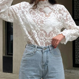 Lace Embroidery Floral Trendy Mock Neck Blouse