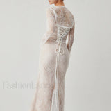 Lace Jacquard Floral Trendy Semi-sheer Tied Maxi Dress