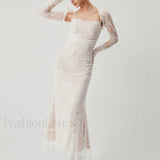 Lace Jacquard Floral Trendy Semi-sheer Tied Maxi Dress