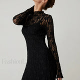 Lace Long Sleeve Trendy Mock Neck Maxi Dress