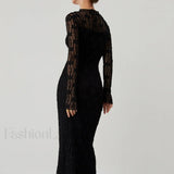 Lace Long Sleeve Trendy Mock Neck Maxi Dress