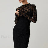 Lace Long Sleeve Trendy Mock Neck Maxi Dress