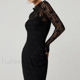 Lace Long Sleeve Trendy Mock Neck Maxi Dress