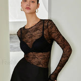 Lace Raw Hem Crew Modern Neck Long Sleeve Top