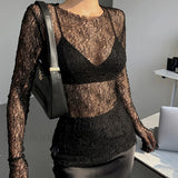 Lace Raw Hem Crew Modern Neck Long Sleeve Top