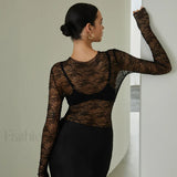 Lace Raw Hem Crew Modern Neck Long Sleeve Top