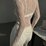 Lace Raw Hem Crew Modern Neck Long Sleeve Top