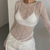 Lace Raw Hem Crew Modern Neck Long Sleeve Top