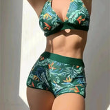 Leaf Print Halter Summer Sexy Two Piece Set