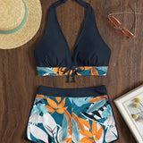 Leaf Print Knot Front Halter Two Piece Set
