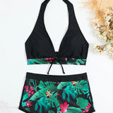 Leaf Print Knot Front Halter Two Piece Set