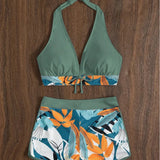 Leaf Print Knot Front Halter Two Piece Set