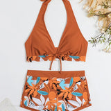 Leaf Print Knot Front Halter Two Piece Set