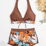 Leaf Print Knot Front Halter Two Piece Set