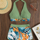 Leaf Print Knot Front Halter Two Piece Set