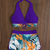 Leaf Print Knot Front Halter Two Piece Set