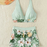 Leaf Print Knot Front Halter Two Piece Set