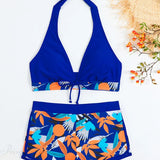 Leaf Print Knot Front Halter Two Piece Set