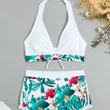 Leaf Print Knot Front Halter Two Piece Set
