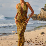 Leopard Print Pocket Collar Backless Slim Floral Dress