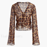 Leopard Print Semi-Sheer Ruffle V-Neck Blouse