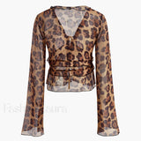 Leopard Print Semi-Sheer Ruffle V-Neck Blouse