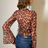 Leopard Print Semi-Sheer Ruffle V-Neck Blouse
