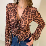 Leopard Print Semi-Sheer Ruffle V-Neck Blouse