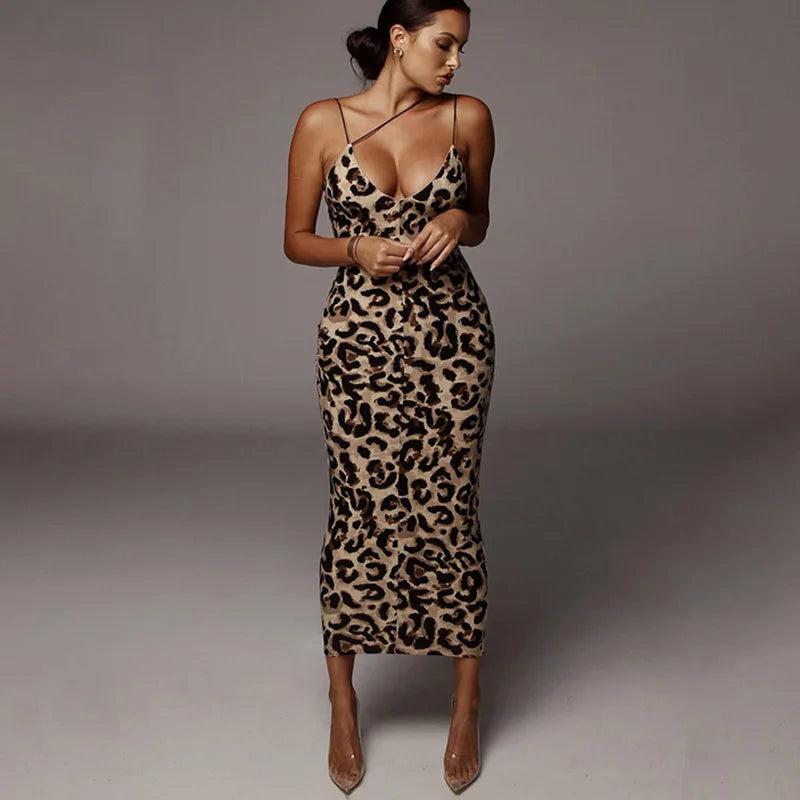 Leopard Print Sleeveless V-neck Spring Women Fashion Streetwear Christmas Party Outfits Midi Dress