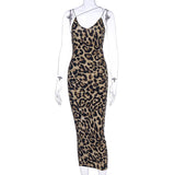 Leopard Print Sleeveless V-neck Spring Women Fashion Streetwear Christmas Party Outfits Midi Dress