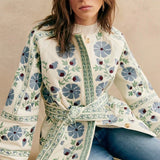 Casual Street Flowers Lace Up Buttons Patchwork O Neck Outerwear