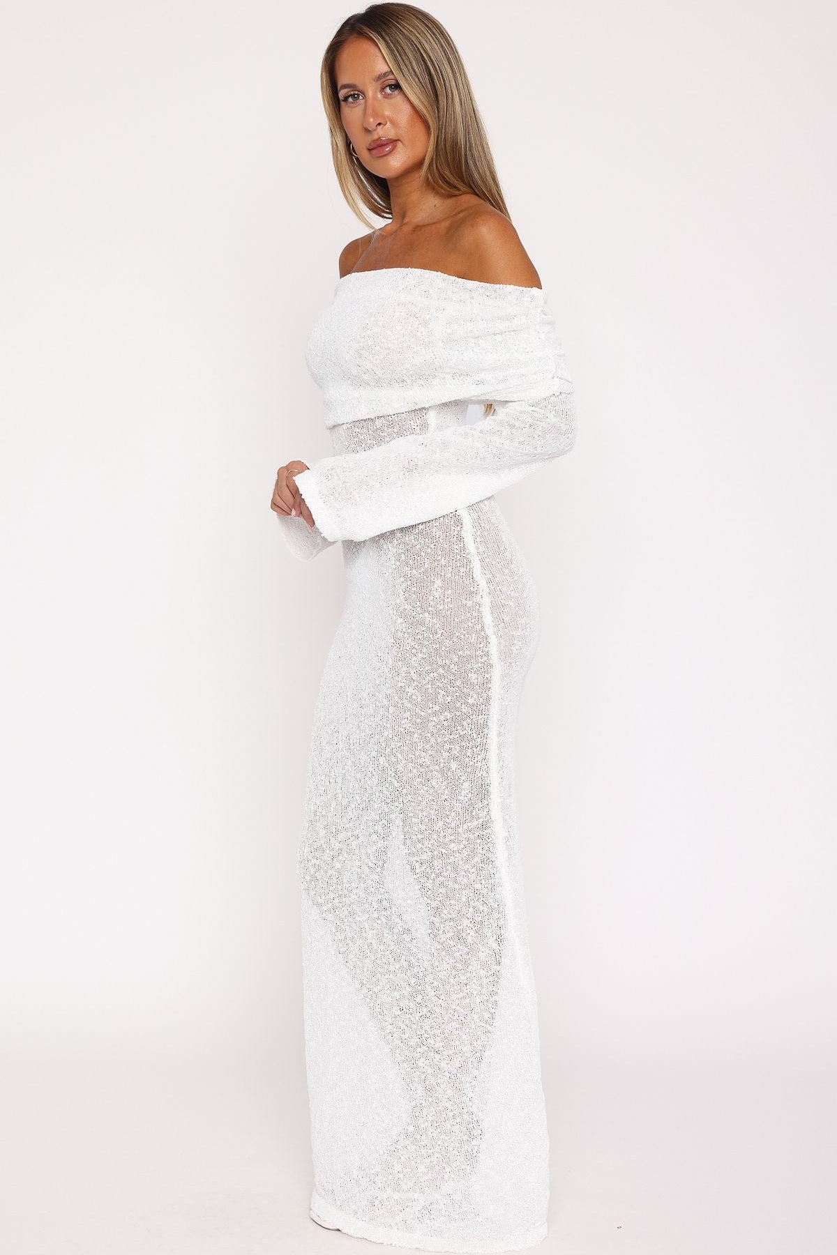 Made It Out Long Sleeve Boucle Maxi Dress White