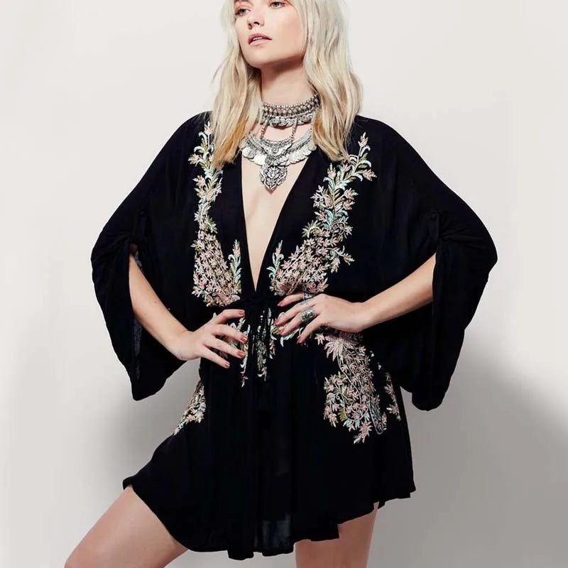 New Floral Embroidery Summer Vintage Sexy Beach  Deep V-neck  Long Sleeve  Party Boho Dress